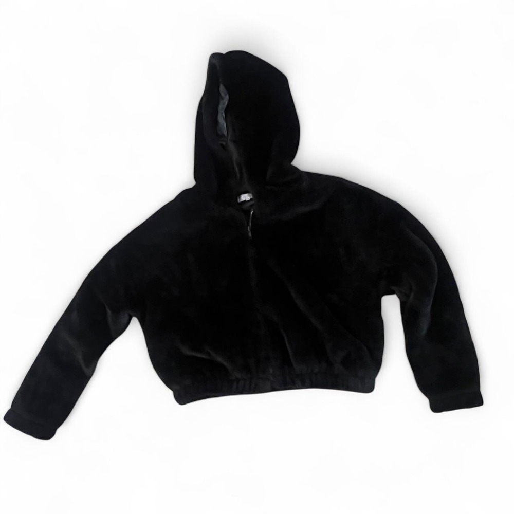 Stella Tweed Black Faux Fur Hooded Jacket Plush MediumCozy Zip Up Y2K